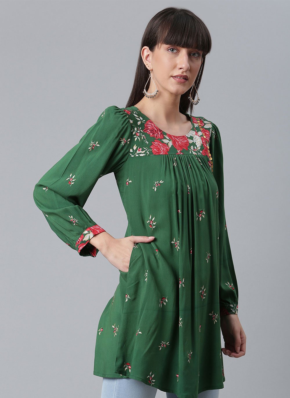 Designer Kurti Rayon Green Print Kurtis