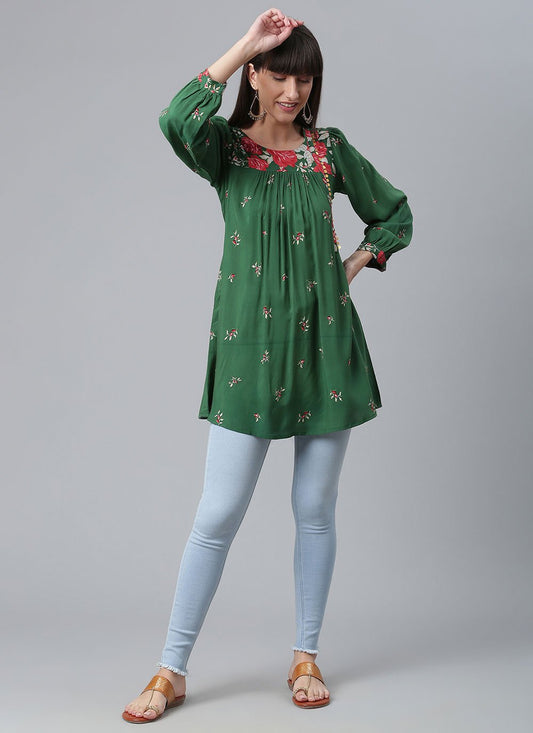 Designer Kurti Rayon Green Print Kurtis