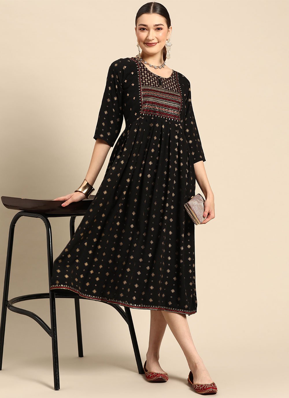 Designer Kurti Rayon Black Embroidered Kurtis