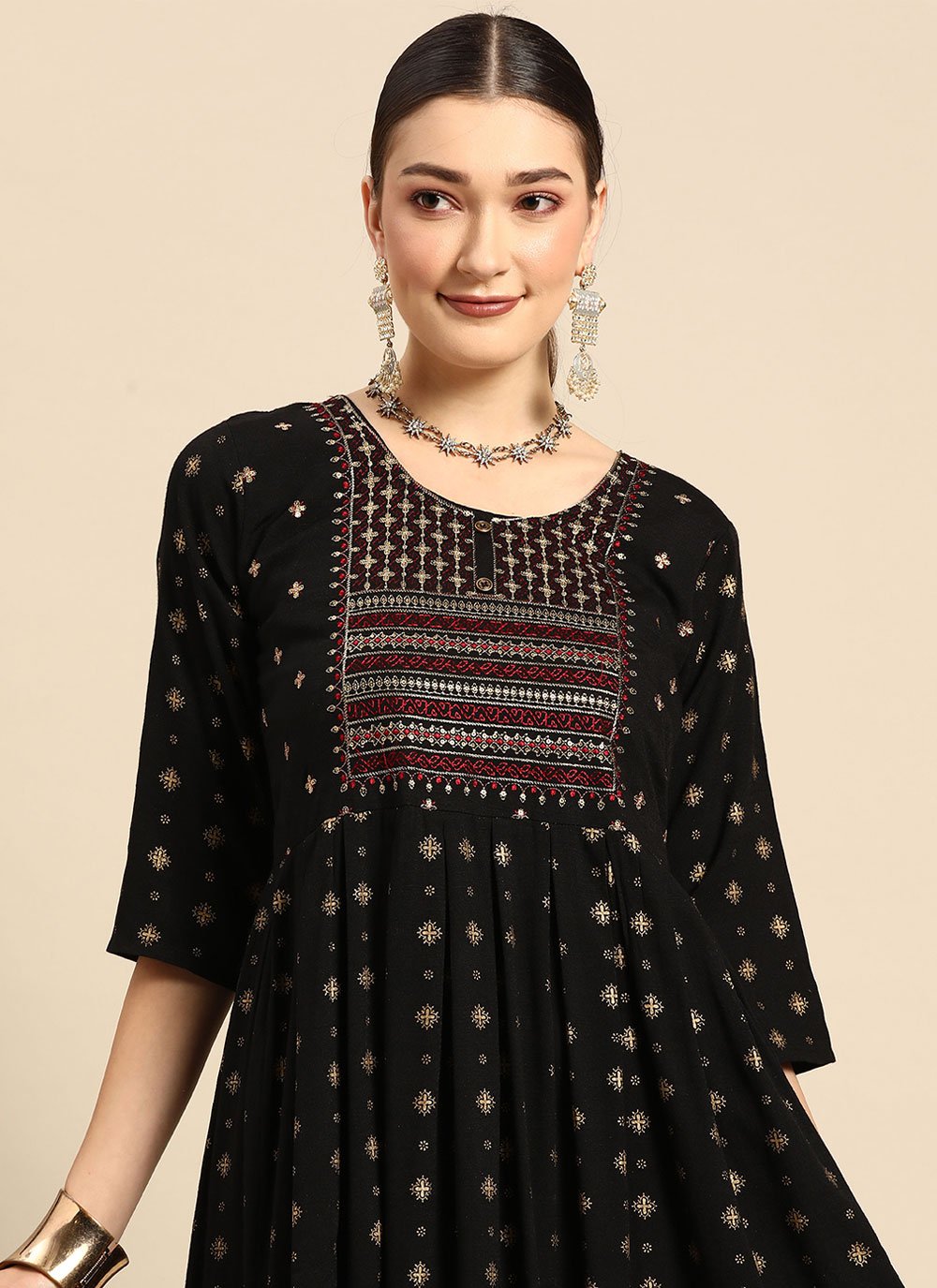 Designer Kurti Rayon Black Embroidered Kurtis