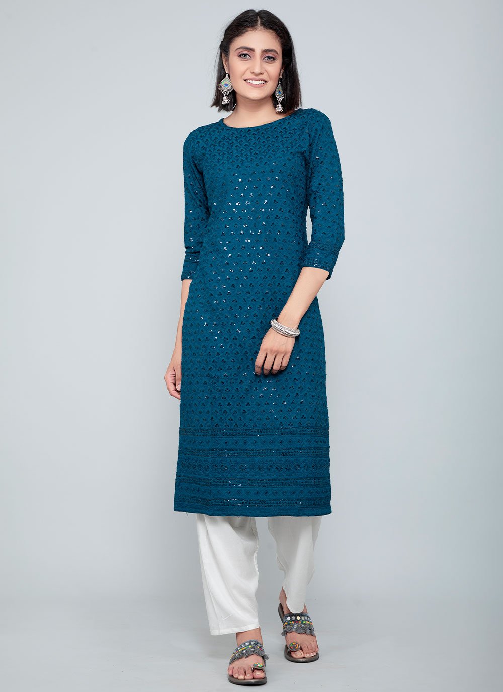 Designer Kurti Rayon Blue Chikankari Work Kurtis