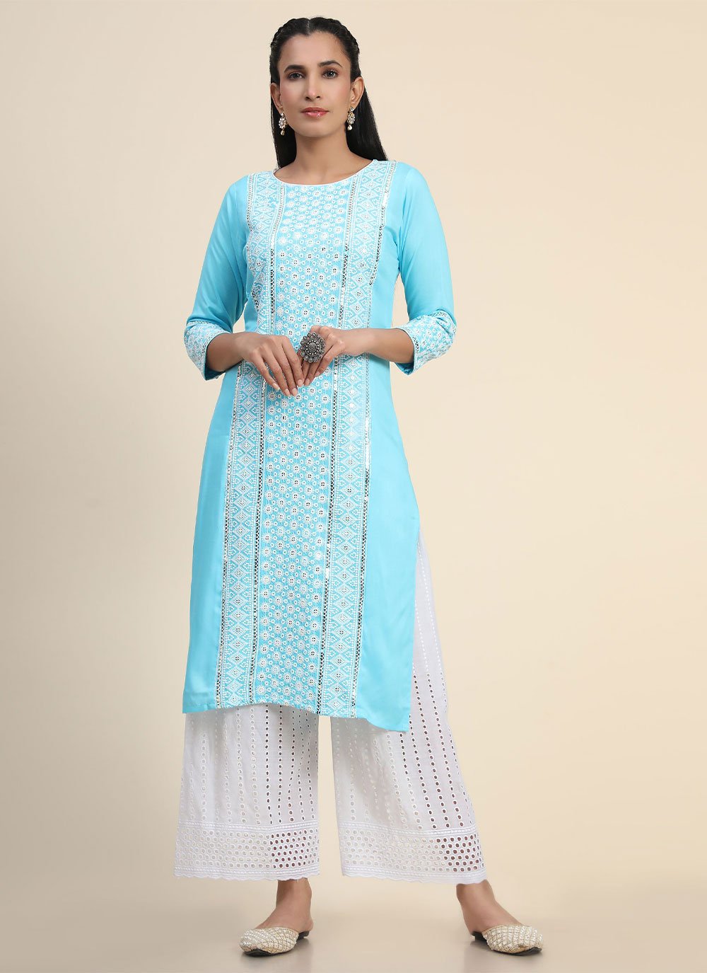 Casual Kurti Rayon Aqua Blue Embroidered Kurtis