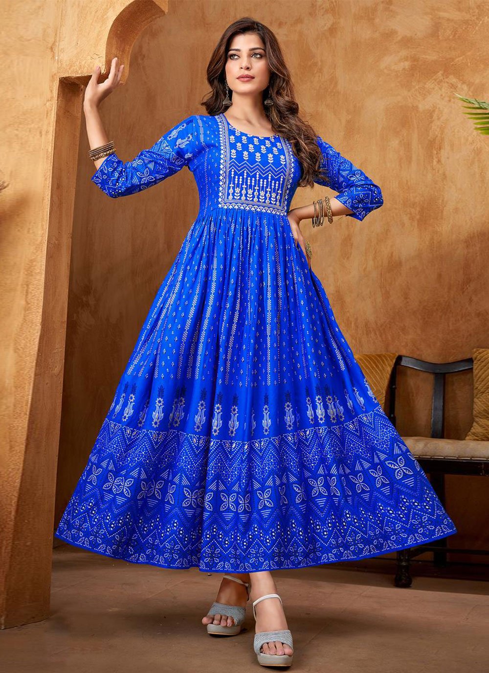 Floor Length Kurti Rayon Blue Embroidered Kurtis