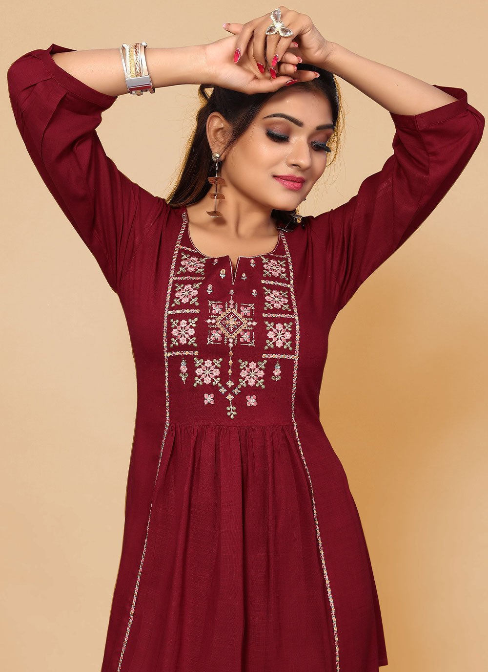 Casual Kurti Rayon Maroon Embroidered Kurtis