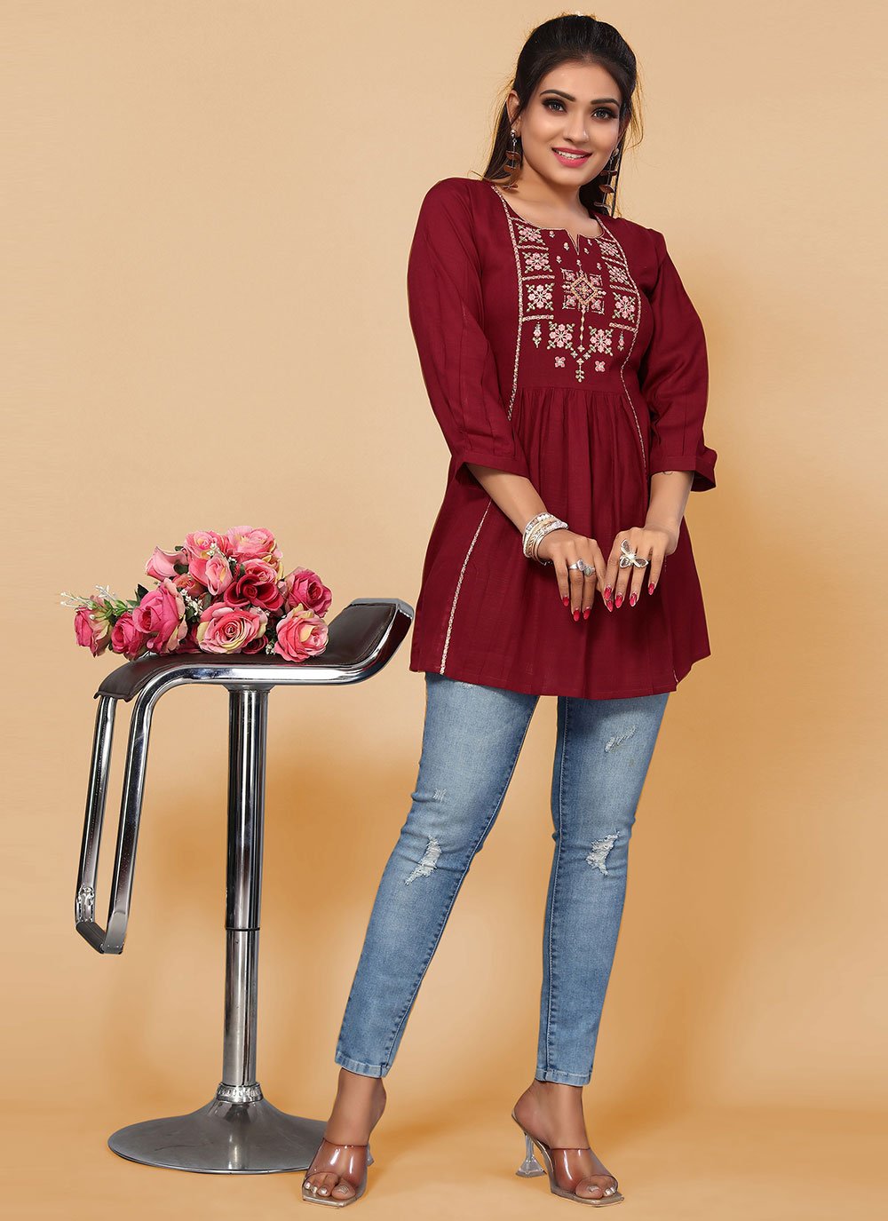 Casual Kurti Rayon Maroon Embroidered Kurtis