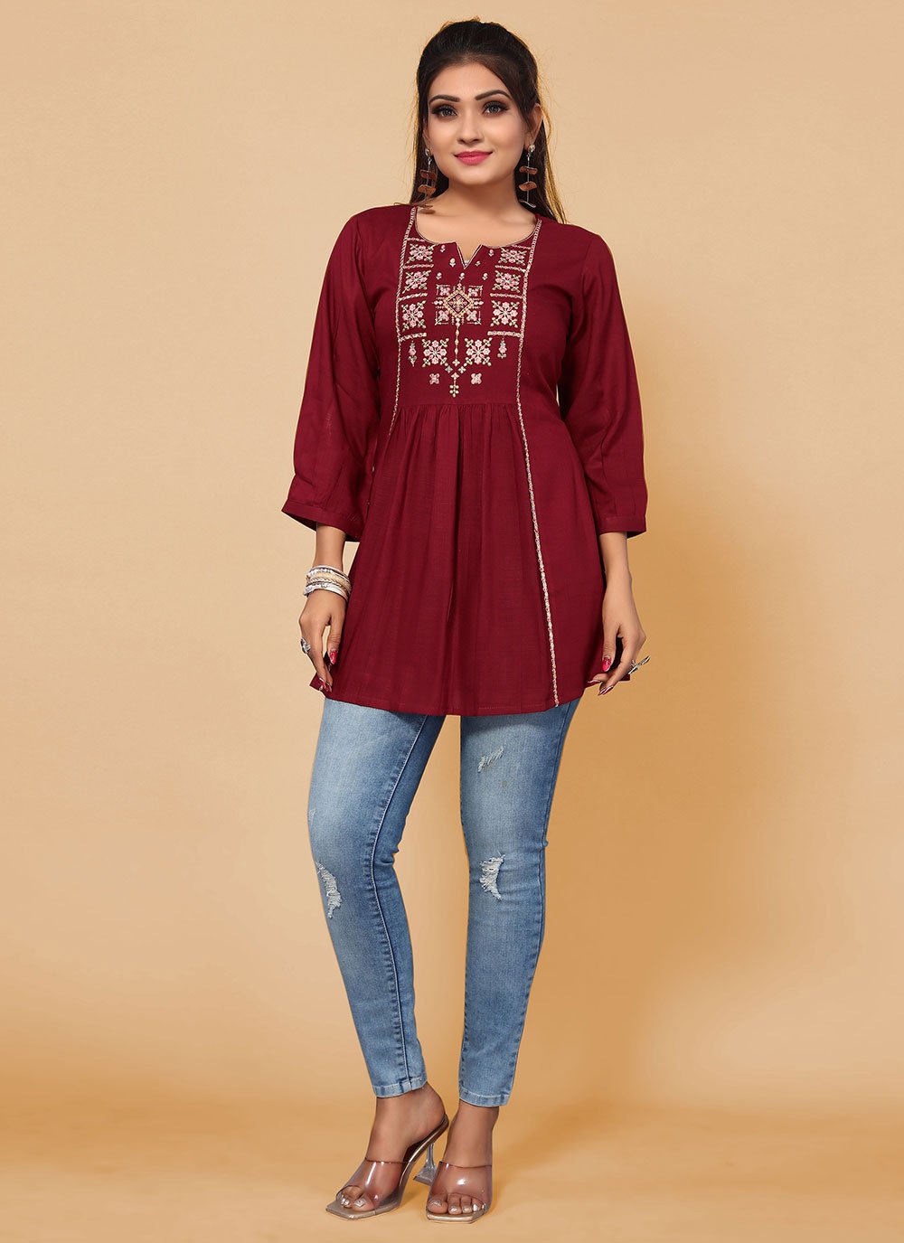 Casual Kurti Rayon Maroon Embroidered Kurtis