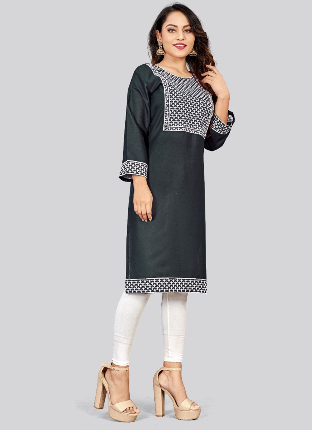 Designer Kurti Rayon Black Embroidered Kurtis