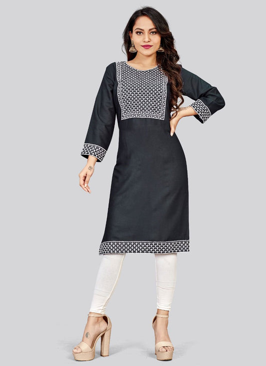 Designer Kurti Rayon Black Embroidered Kurtis