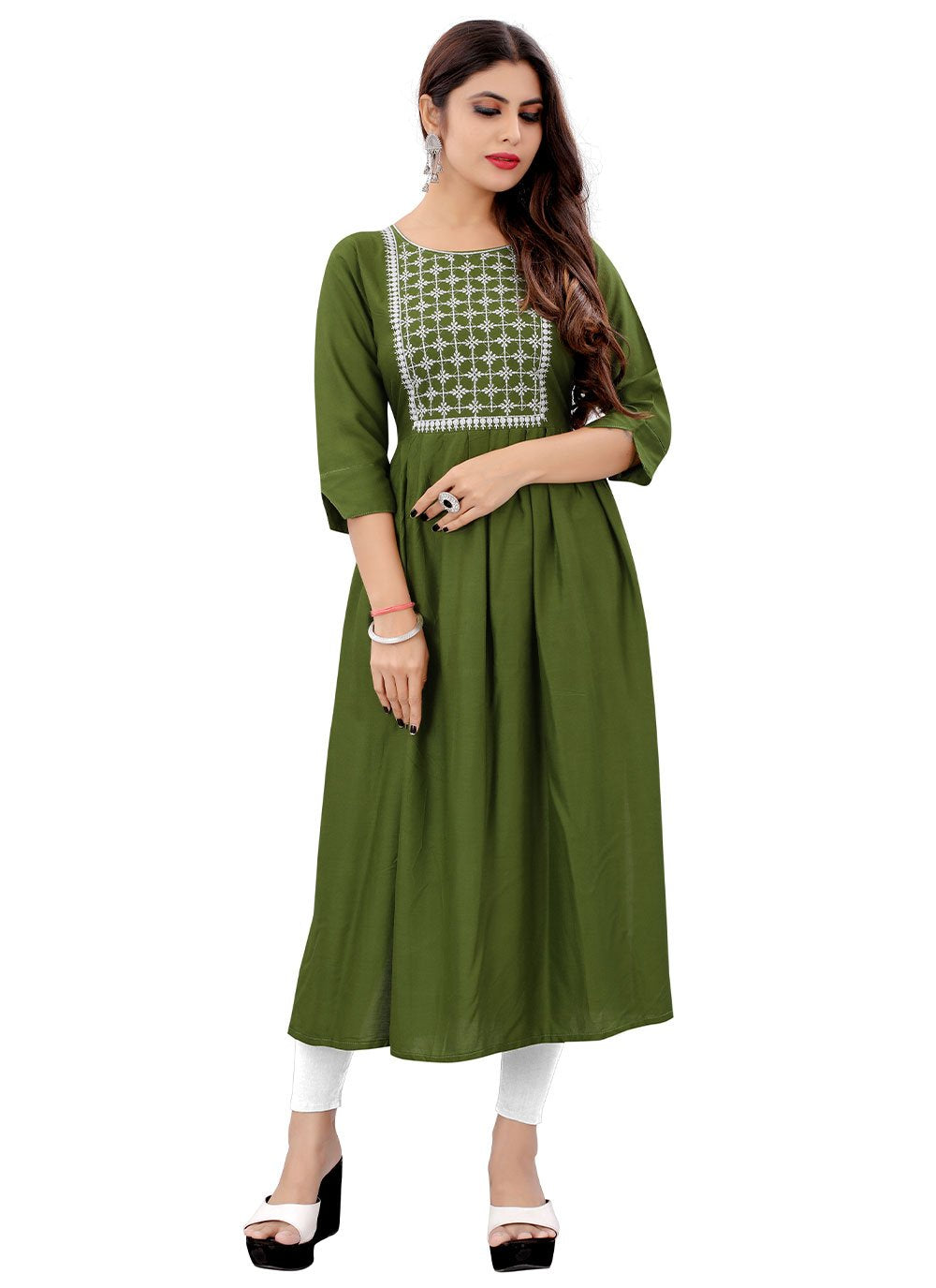 Casual Kurti Rayon Green Embroidered Kurtis