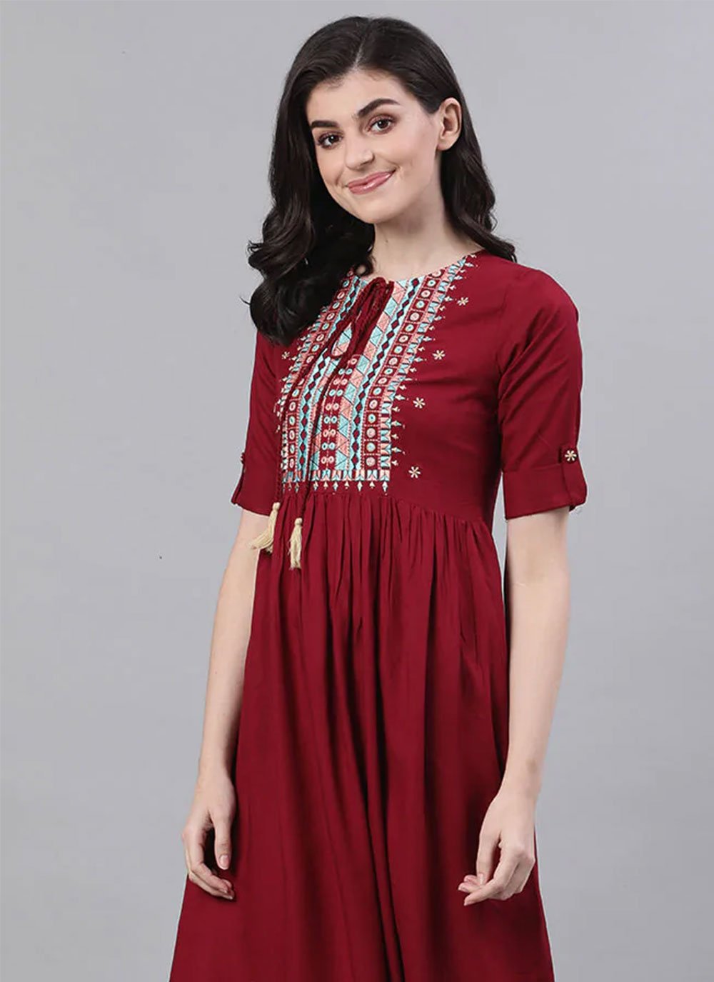 Party Wear Kurti Rayon Viscose Maroon Embroidered Kurtis