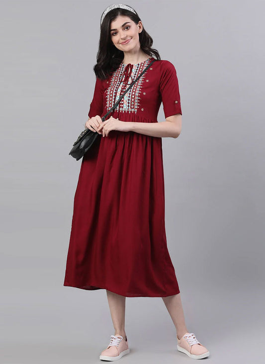 Party Wear Kurti Rayon Viscose Maroon Embroidered Kurtis