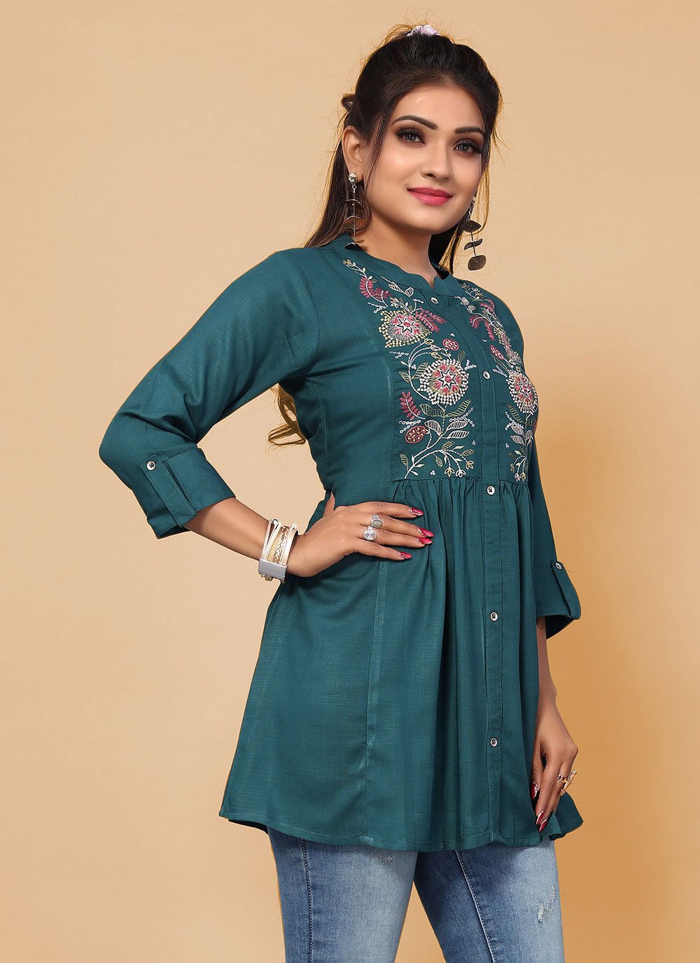 Party Wear Kurti Rayon Morpeach Embroidered Kurtis