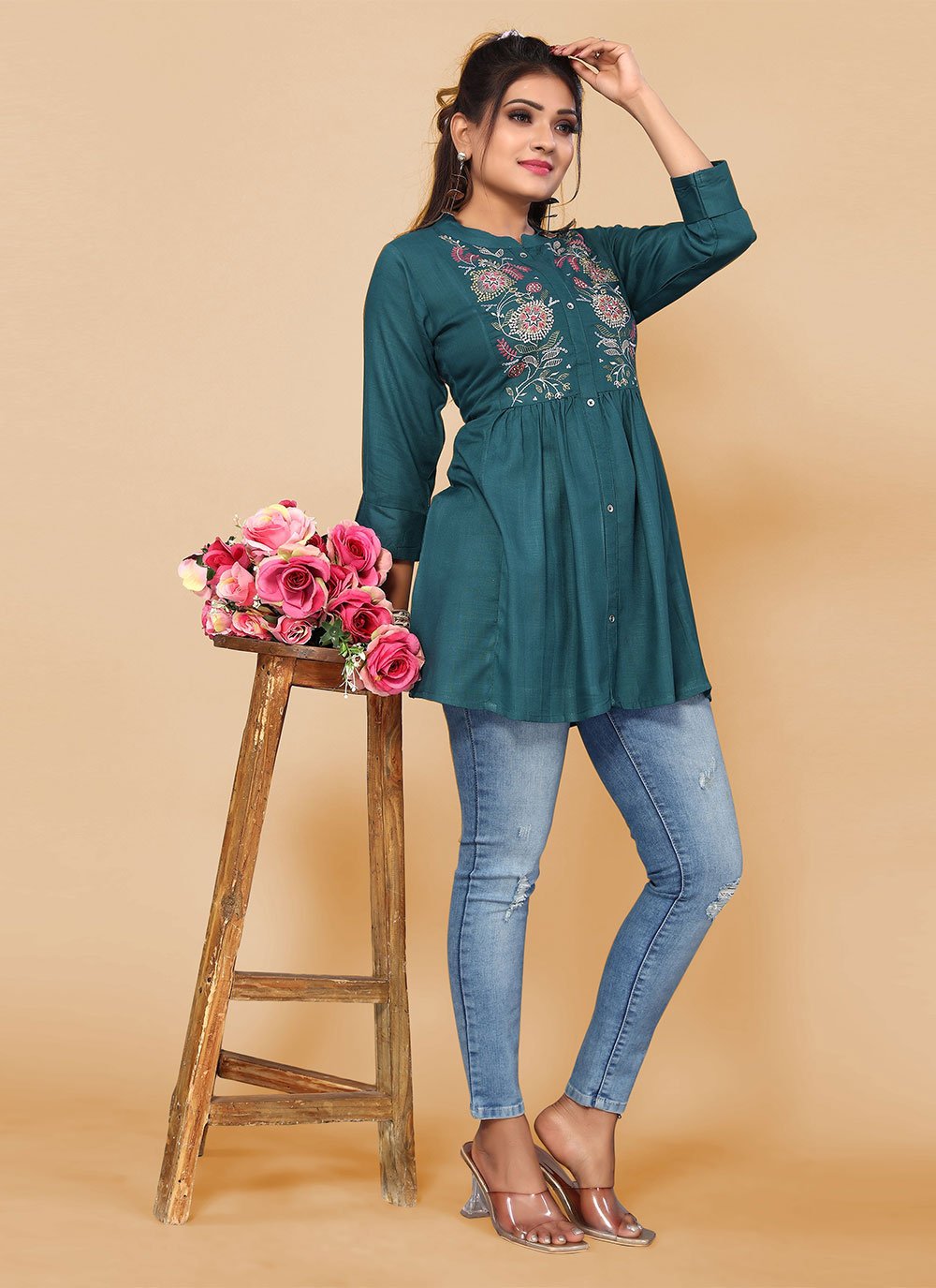 Party Wear Kurti Rayon Morpeach Embroidered Kurtis Kajols Indian Pakistani Fashion Tailoring