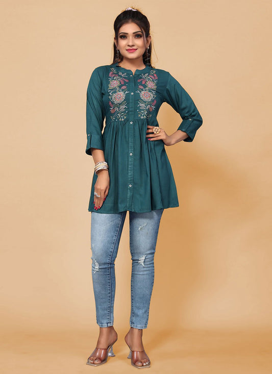 Party Wear Kurti Rayon Morpeach Embroidered Kurtis