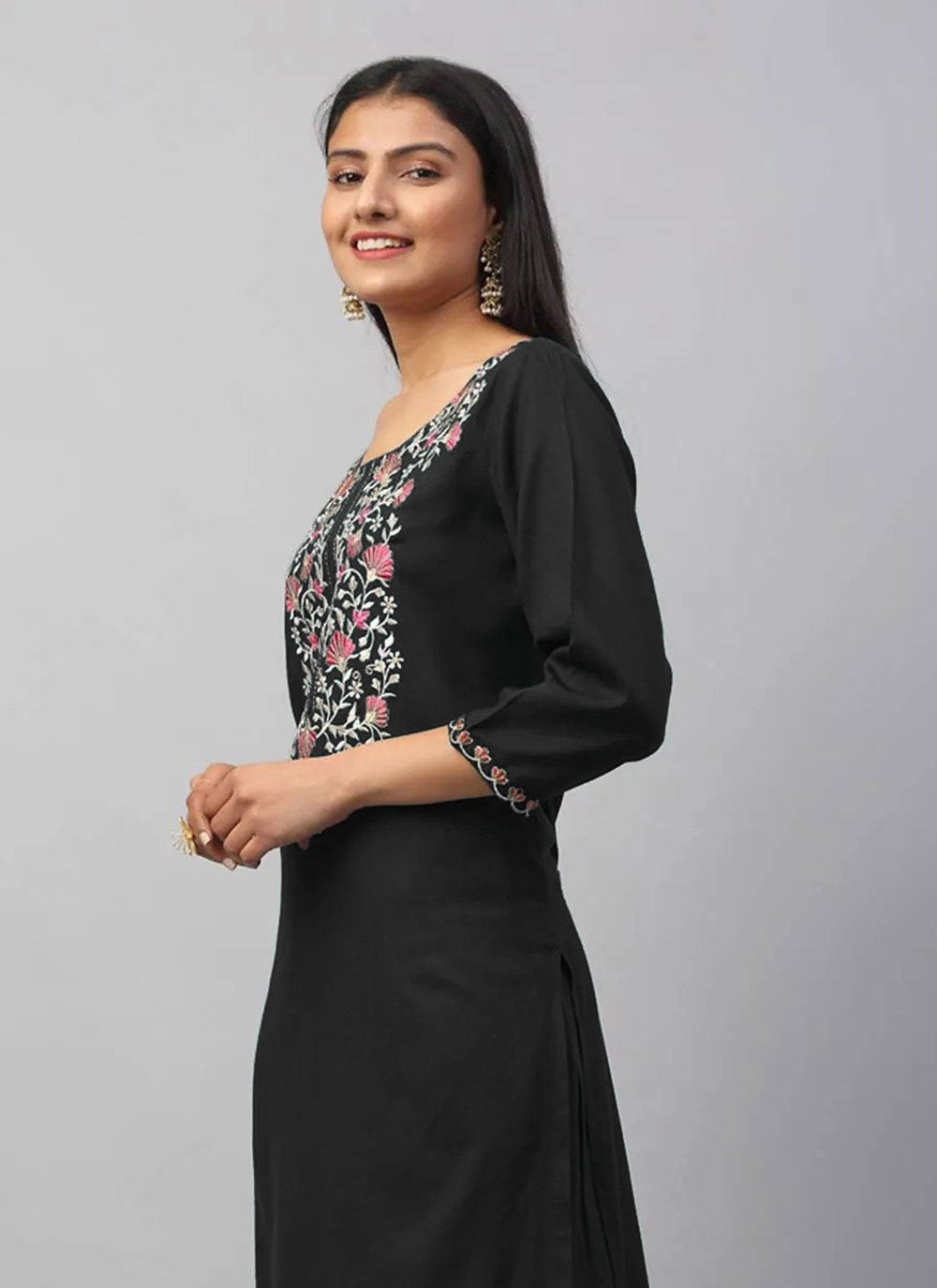 Party Wear Kurti Rayon Black Embroidered Kurtis