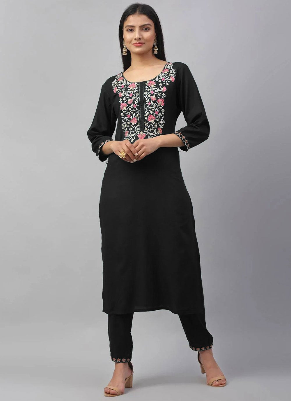 Party Wear Kurti Rayon Black Embroidered Kurtis