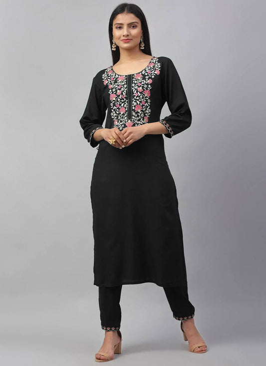 Party Wear Kurti Rayon Black Embroidered Kurtis