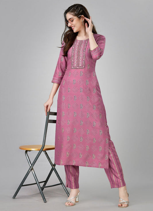 Party Wear Kurti Rayon Lavender Embroidered Kurtis