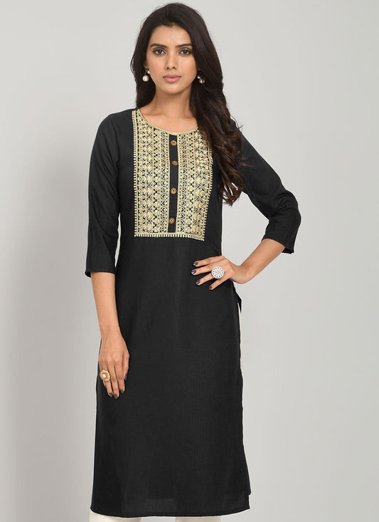 Party Wear Kurti Rayon Black Embroidered Kurtis