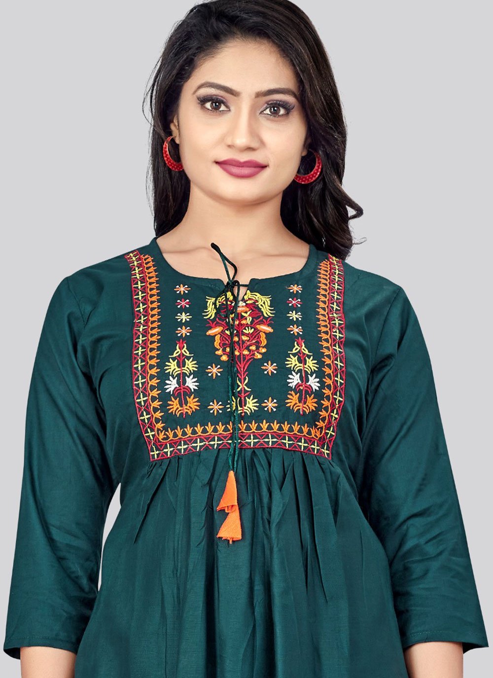 Party Wear Kurti Rayon Green Embroidered Kurtis