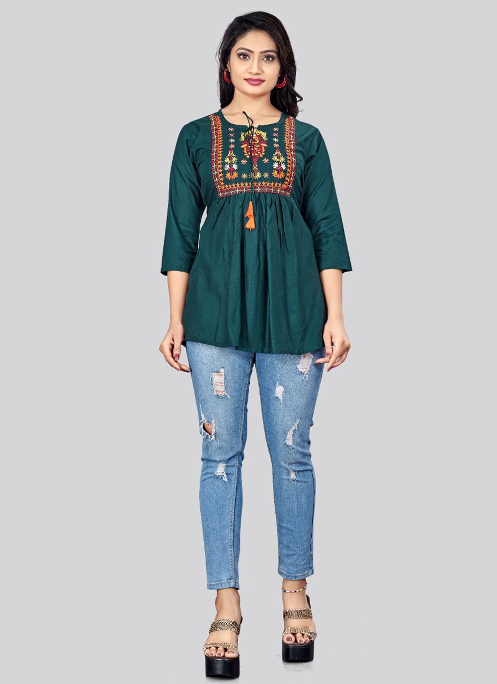 Party Wear Kurti Rayon Green Embroidered Kurtis