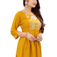 Party Wear Kurti Rayon Mustard Embroidered Kurtis