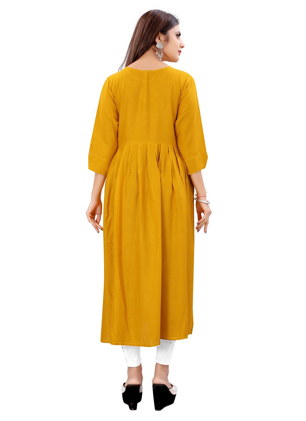 Party Wear Kurti Rayon Mustard Embroidered Kurtis