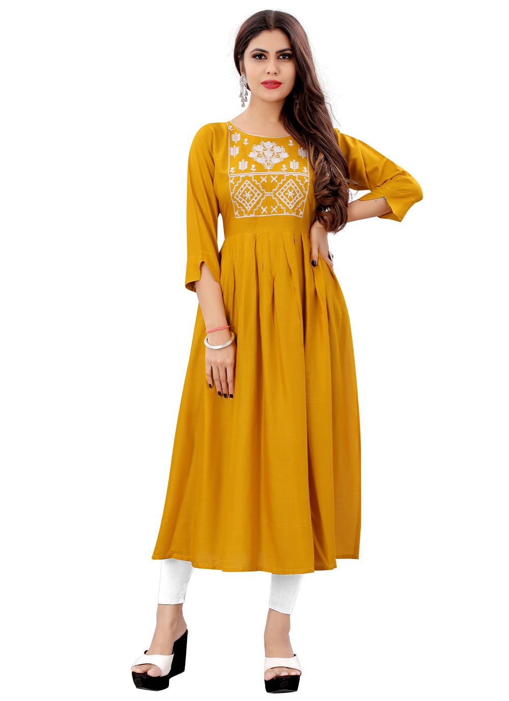 Party Wear Kurti Rayon Mustard Embroidered Kurtis