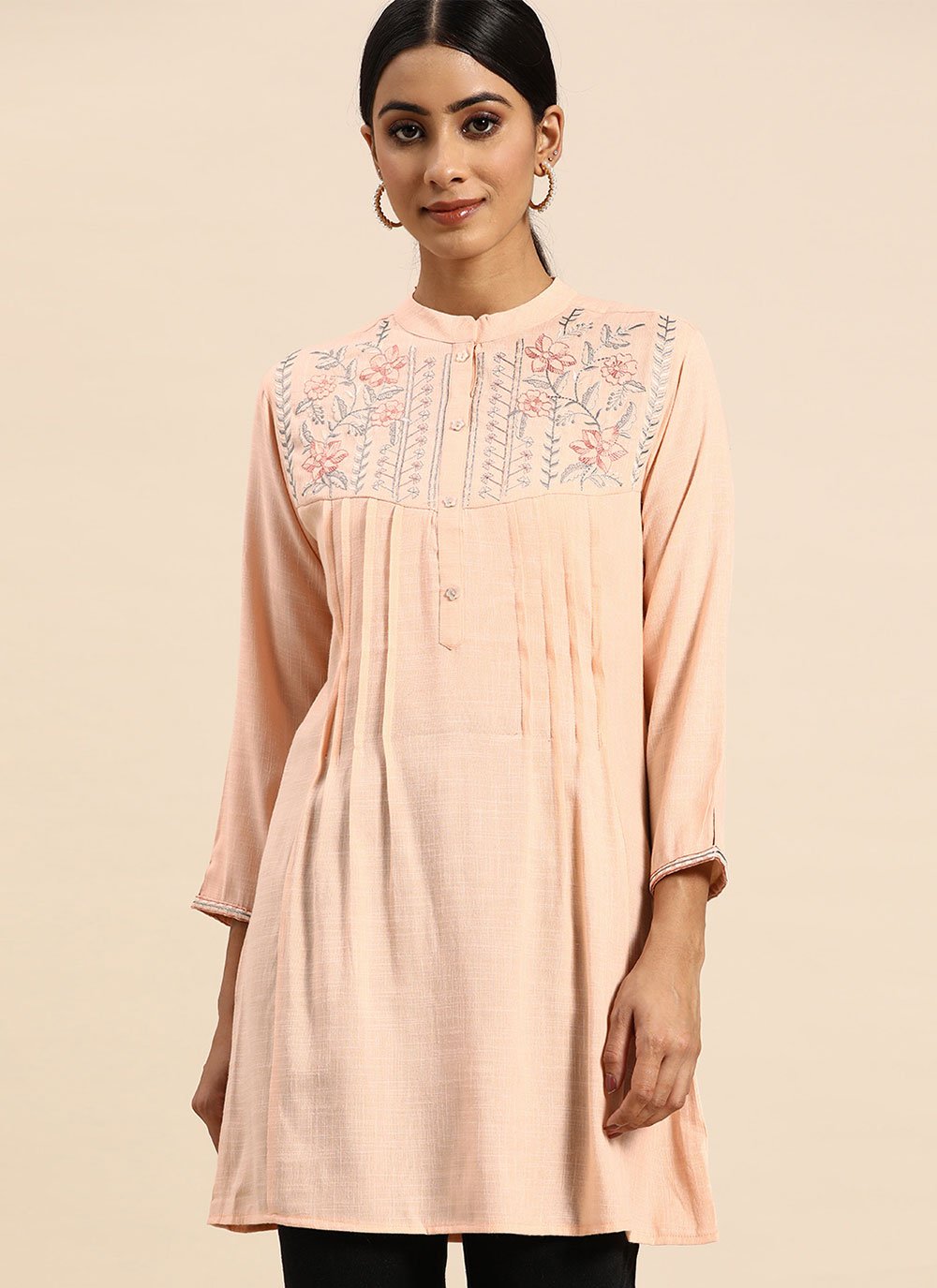 Casual Kurti Rayon Peach Embroidered Kurtis