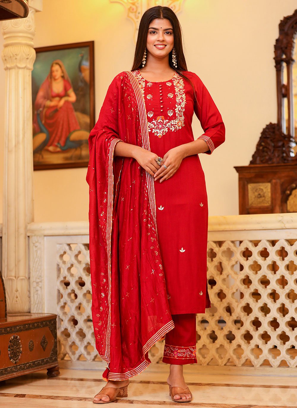 Salwar Suit Rayon Red Embroidered Salwar Kameez