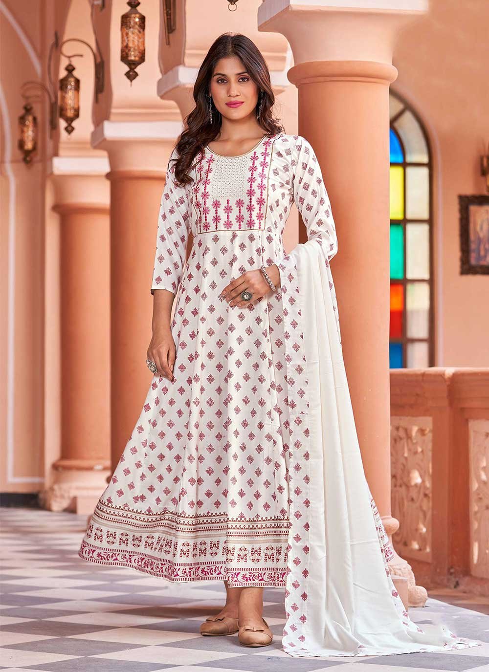 Gown Rayon White Embroidered Gown