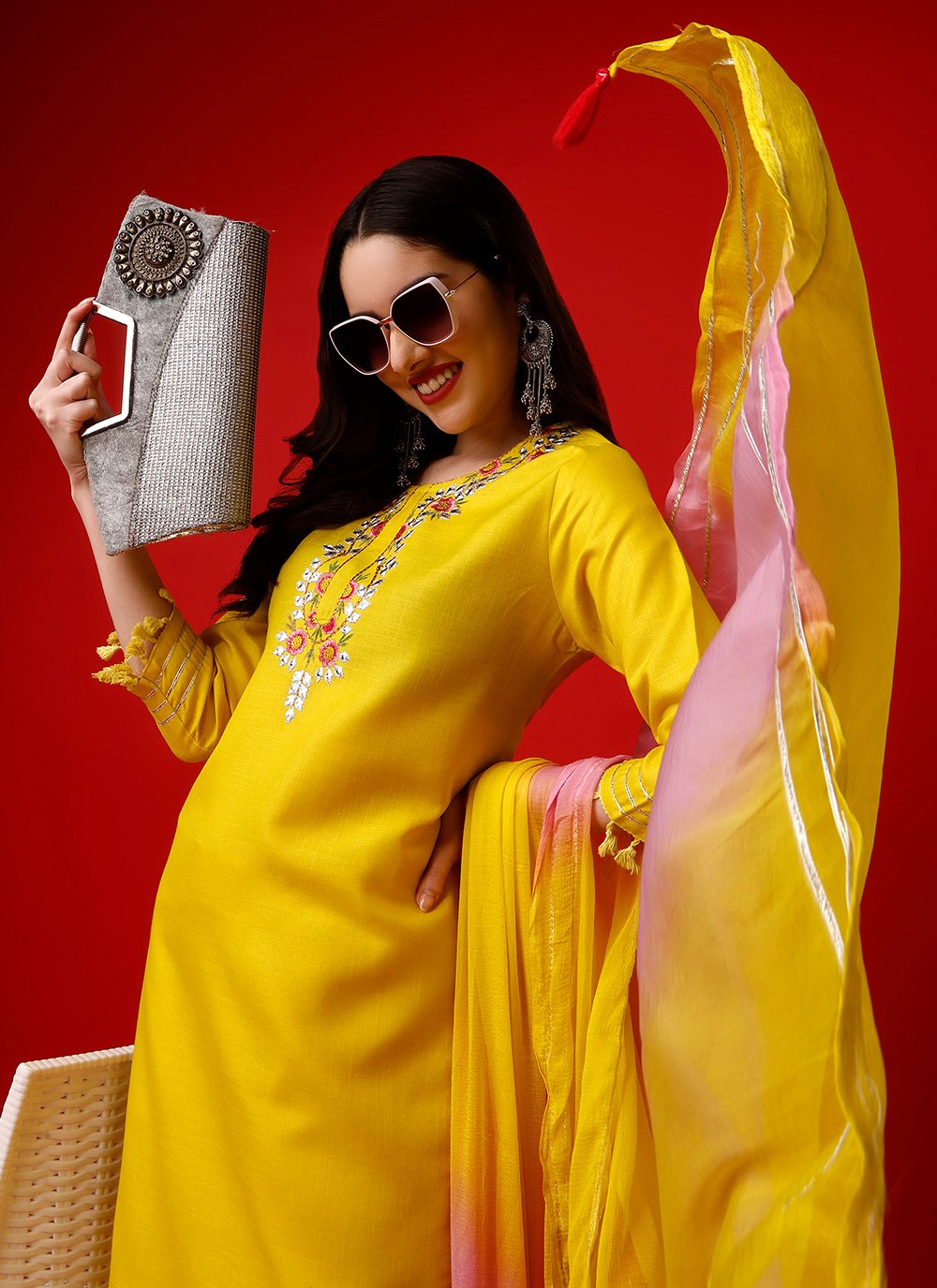 Readymade Style Rayon Yellow Embroidered Salwar Kameez