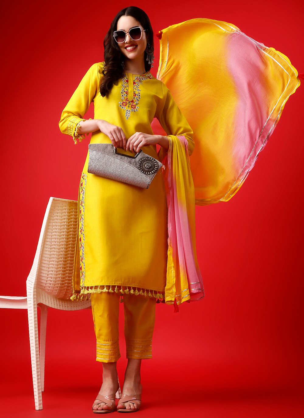 Readymade Style Rayon Yellow Embroidered Salwar Kameez