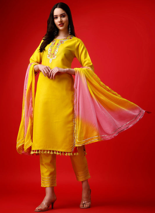 Readymade Style Rayon Yellow Embroidered Salwar Kameez