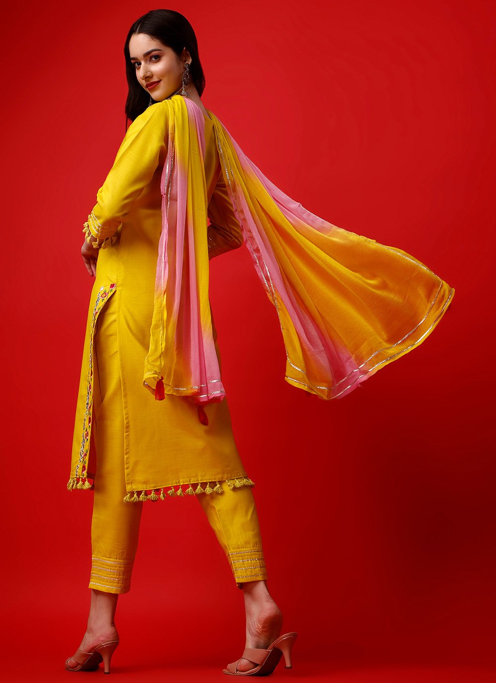 Readymade Style Rayon Yellow Embroidered Salwar Kameez