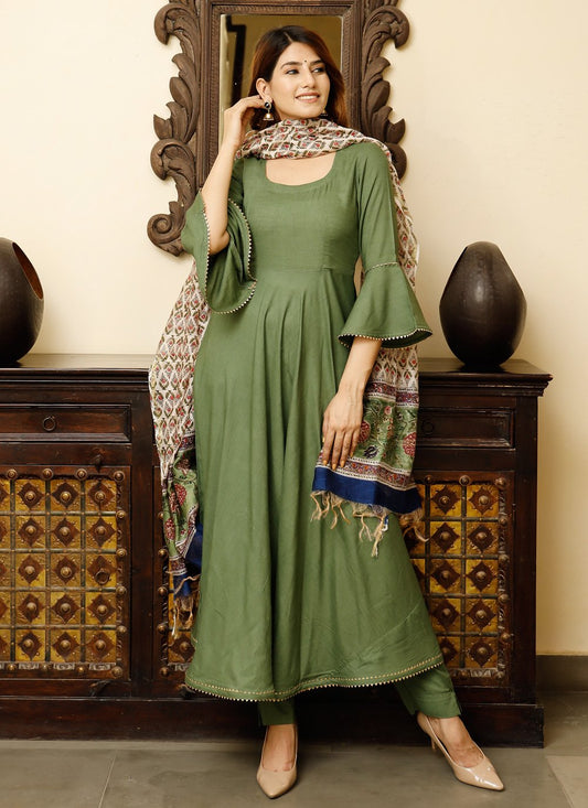 Pant Style Suit Rayon Green Fancy Work Salwar Kameez