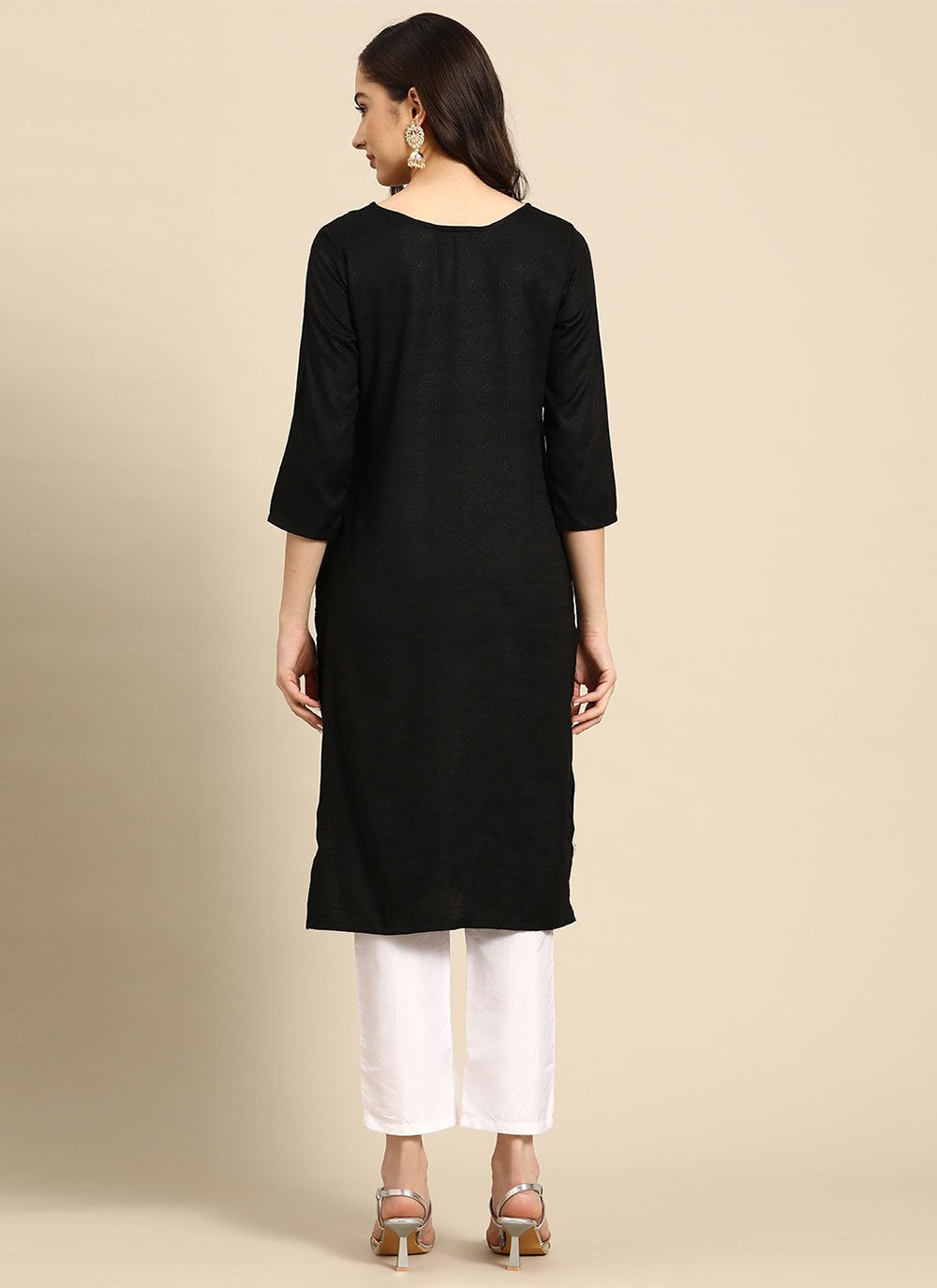 Party Wear Kurti Rayon Black Embroidered Kurtis