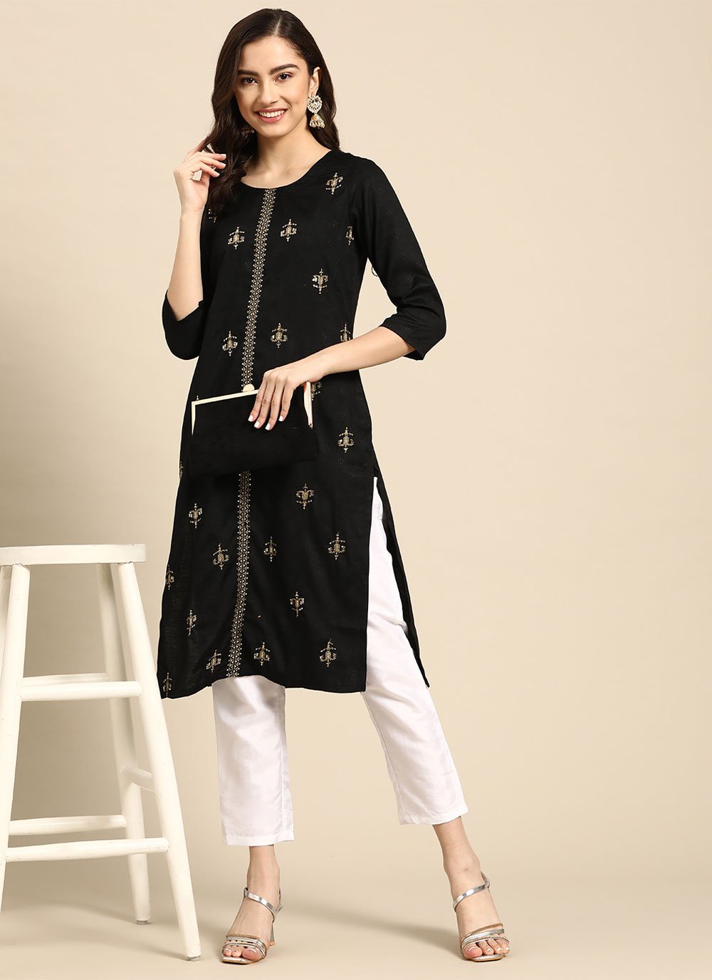 Party Wear Kurti Rayon Black Embroidered Kurtis