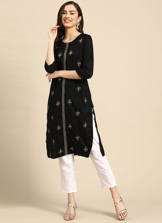 Party Wear Kurti Rayon Black Embroidered Kurtis