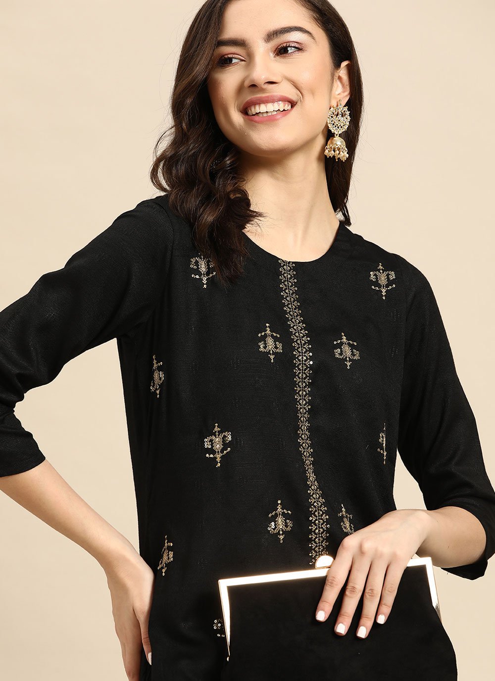 Party Wear Kurti Rayon Black Embroidered Kurtis