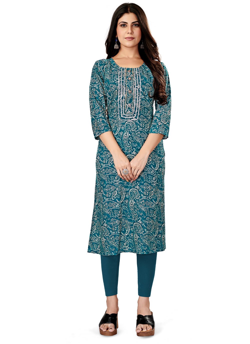 Casual Kurti Rayon Viscose Blue Foil Print Kurtis