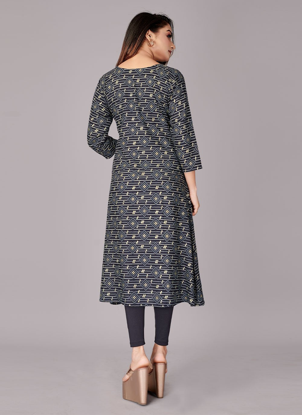 Designer Kurti Rayon Viscose Blue Foil Print Kurtis