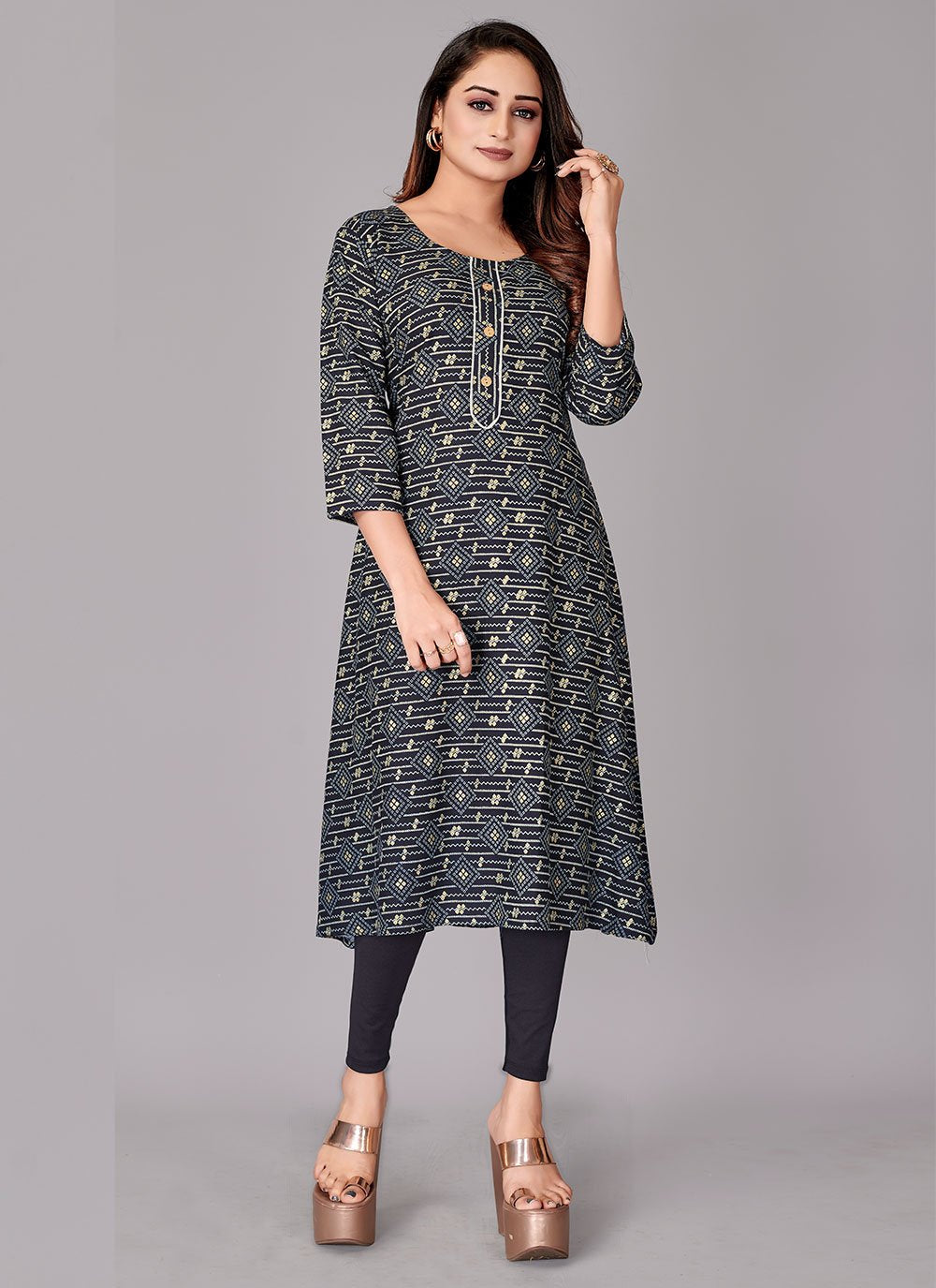 Designer Kurti Rayon Viscose Blue Foil Print Kurtis