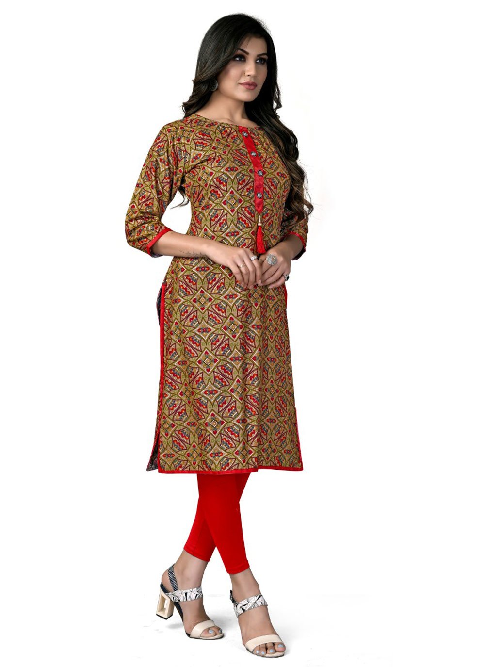 Casual Kurti Rayon Green Foil Print Kurtis