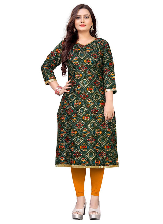 Party Wear Kurti Rayon Green Foil Print Kurtis