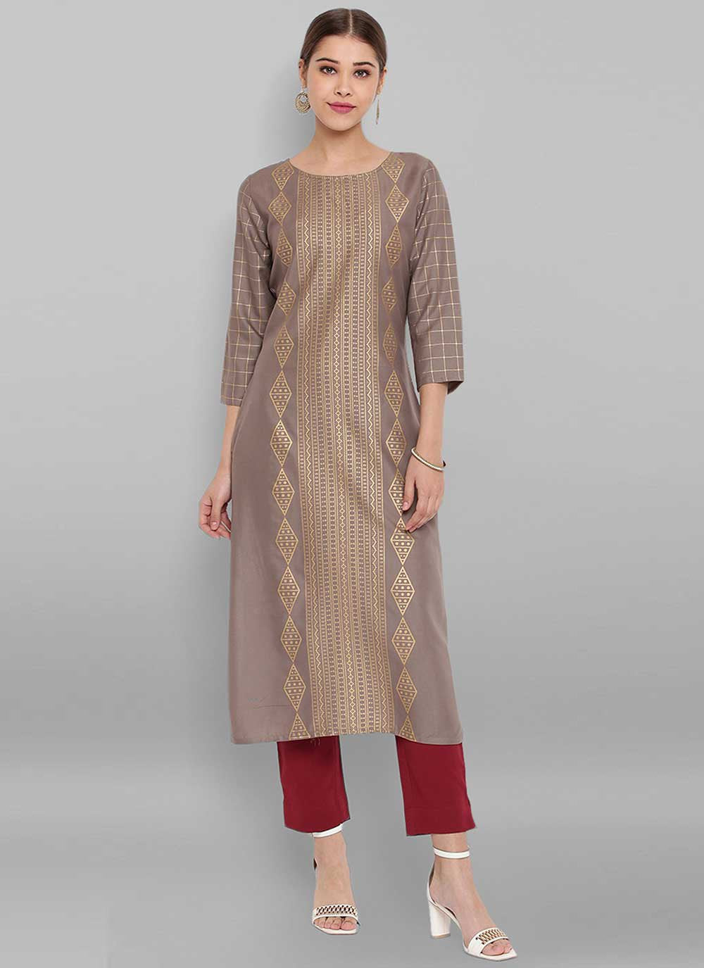 Casual Kurti Rayon Grey Foliage Print Kurtis