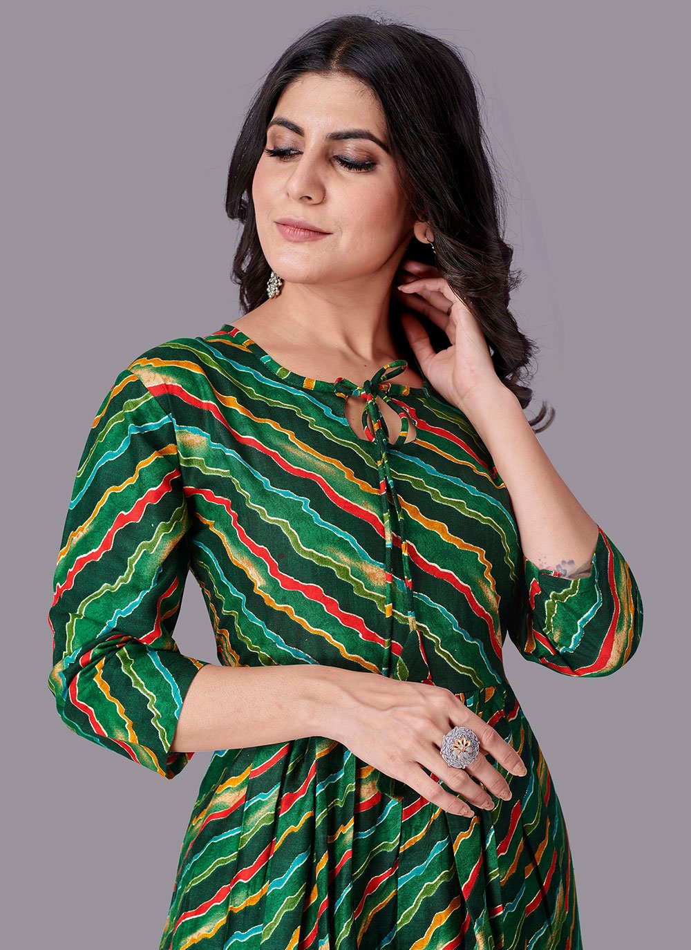 Designer Kurti Rayon Green Foil Print Kurtis