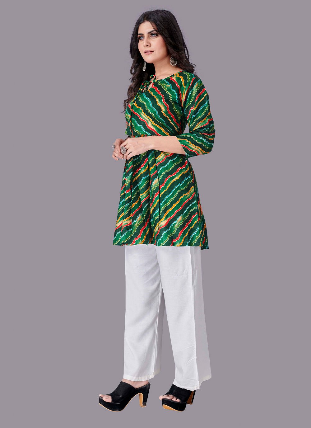 Designer Kurti Rayon Green Foil Print Kurtis