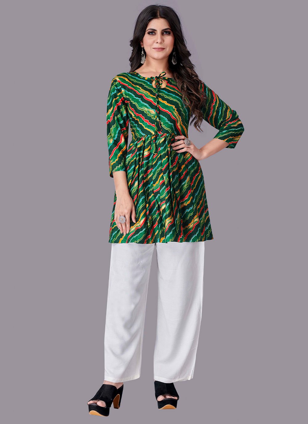 Designer Kurti Rayon Green Foil Print Kurtis