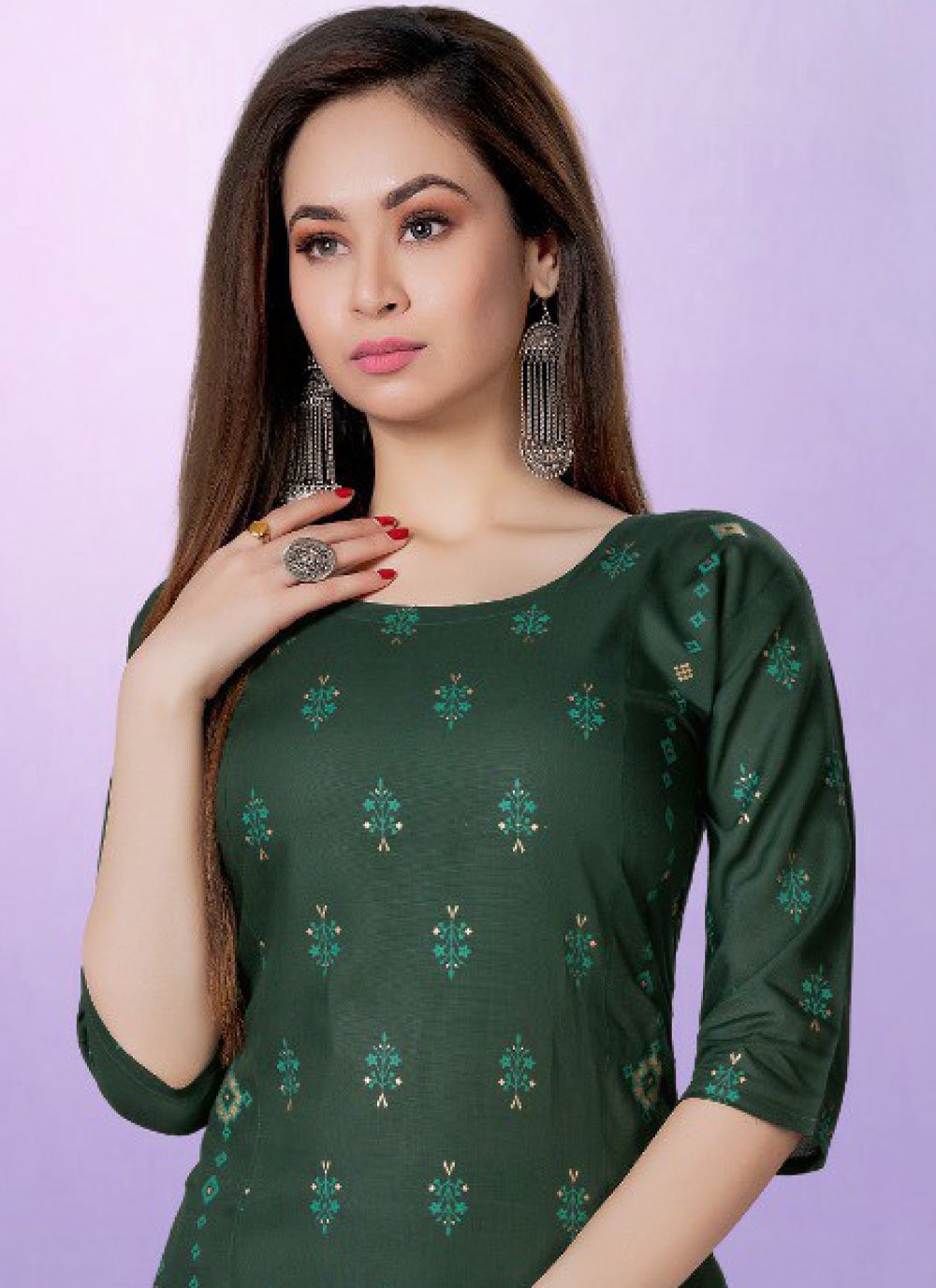 Designer Kurti Rayon Green Fancy Work Kurtis